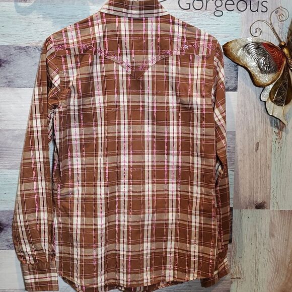 Cowgirl Hardware Sz S Brown Pink Metallic Plaid Studded Pearl Snap Western Shirt - Picture 6 of 9